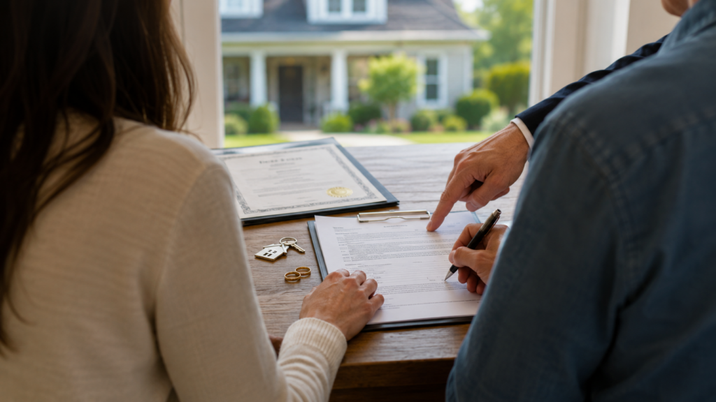 Two spouses signing home sale documents together while a real estate professional guides them, showing that both may need to take part in the transaction.