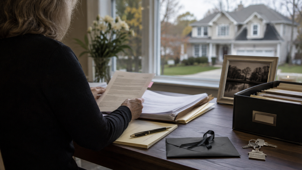 Surviving spouse reviewing estate and property documents to determine who has authority to sell the home after a spouse’s death.