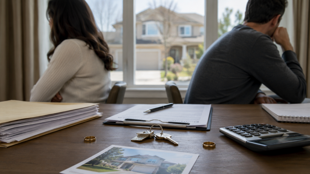 Separated spouses seated apart with home sale documents, house keys, wedding rings, and a calculator showing how divorce can affect a property sale.