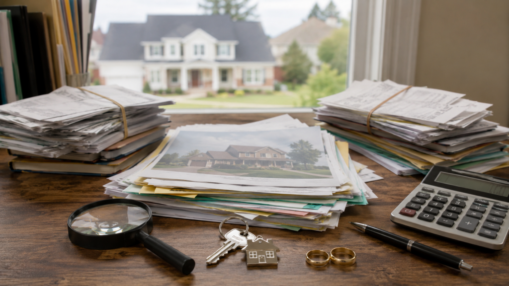 Property records, financial documents, house keys, and wedding rings showing uncertainty over whether a home is community or separate property.