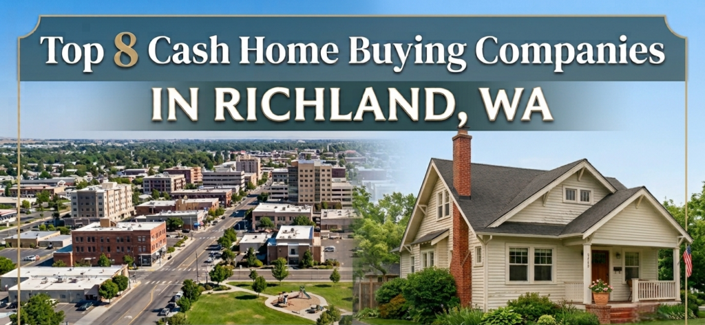 Aerial view of Richland, WA with a house and text reading “Top 8 Cash Home Buying Companies in Richland, WA.”