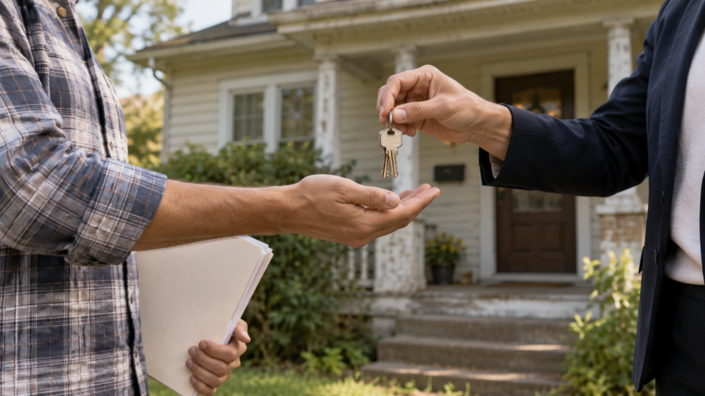 Home seller handing house keys to a cash home buyer in front of an older residential property