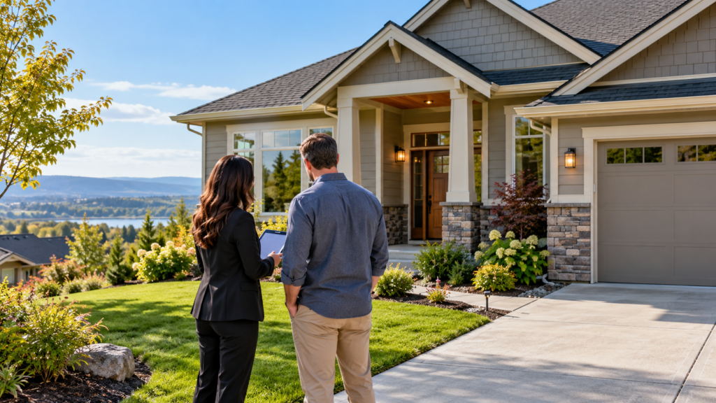 Homeowner meeting with a real estate agent outside a well-maintained house in Benton County, Washington