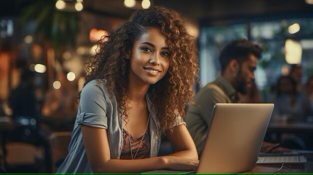 A beautiful woman in front of computer.