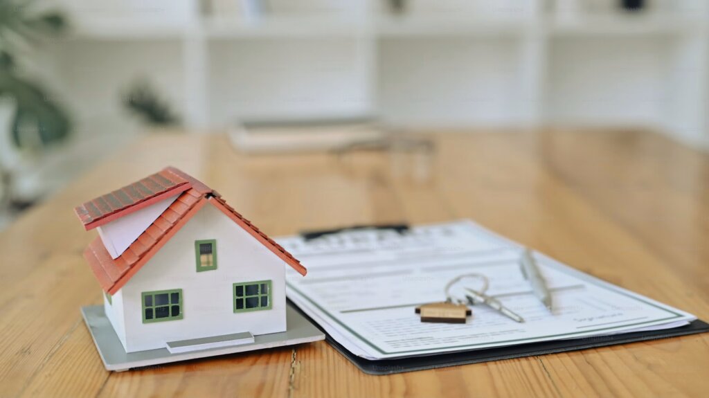 House keys beside estate paperwork and a property deed