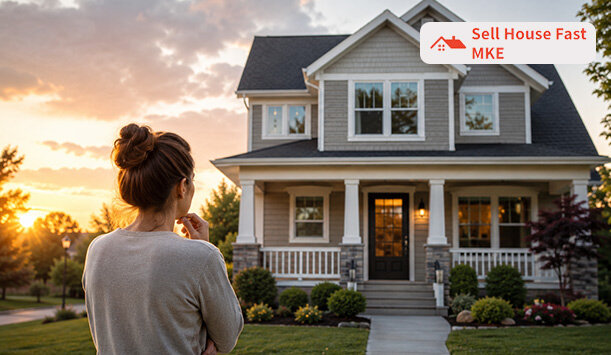Homeowner reviewing bills and repair costs while considering whether to keep or sell a house