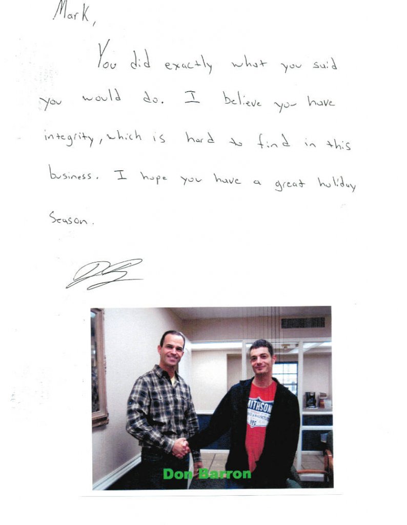 thank you letter from seller Don Barron