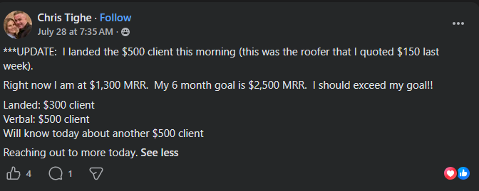 Carrot member shares reaching 1,300 dollars in monthly recurring revenue after landing multiple local clients