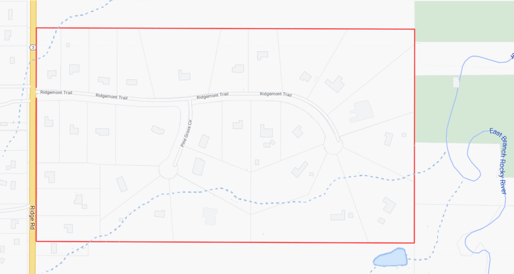 A map of The Estates at Ridgemont subdivision in Hinckley, Ohio 44233, which comprises the streets of Ridgemont Trail and Pine Grove Circle.