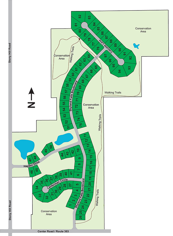 This is an illustrated map of The Trails at Redwood Falls subdivision, located in Hinckley, Ohio 44233, which includes the streets of Skyland Falls Blvd, Hayden Dr, Cascade Ln and Lanterman Cir.