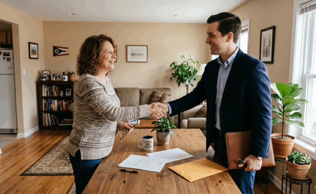 selling fire damaged house as-is Ohio homeowner signing papers