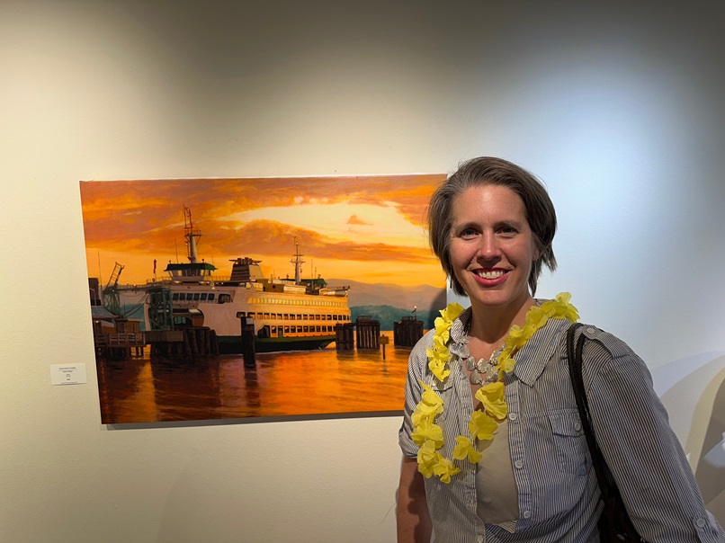 Admiring local artwork at the Edmonds Art Walk – beautiful painting of the iconic ferry at sunset.