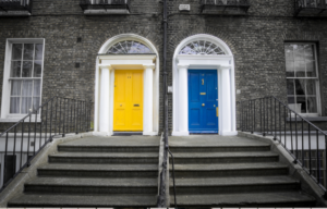 A colorful front door grabs attention in a Lake Forest Park Home For Sale.