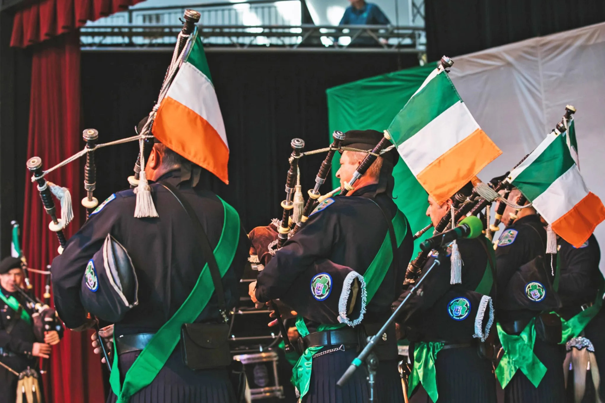 Bagpipers and Irish flags at a Seattle St. Patrick's Day celebration