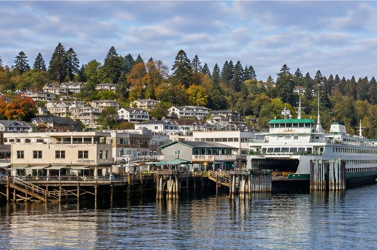 Winslow waterfront and Eagle Harbor on Bainbridge Island near Seattle