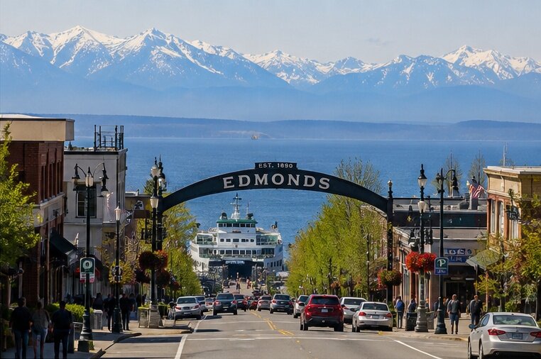 Downtown Edmonds WA Main Street with Puget Sound and Olympic Mountains view