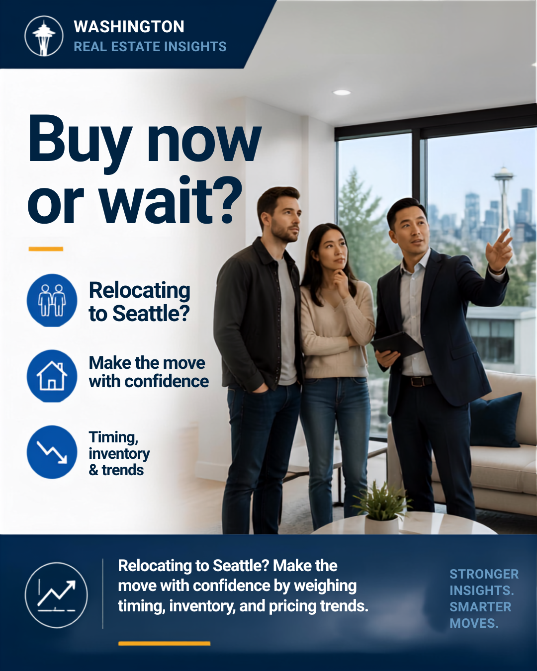 A relocating couple touring a Seattle-area home with their real estate agent while weighing whether to buy now or wait for prices to drop.