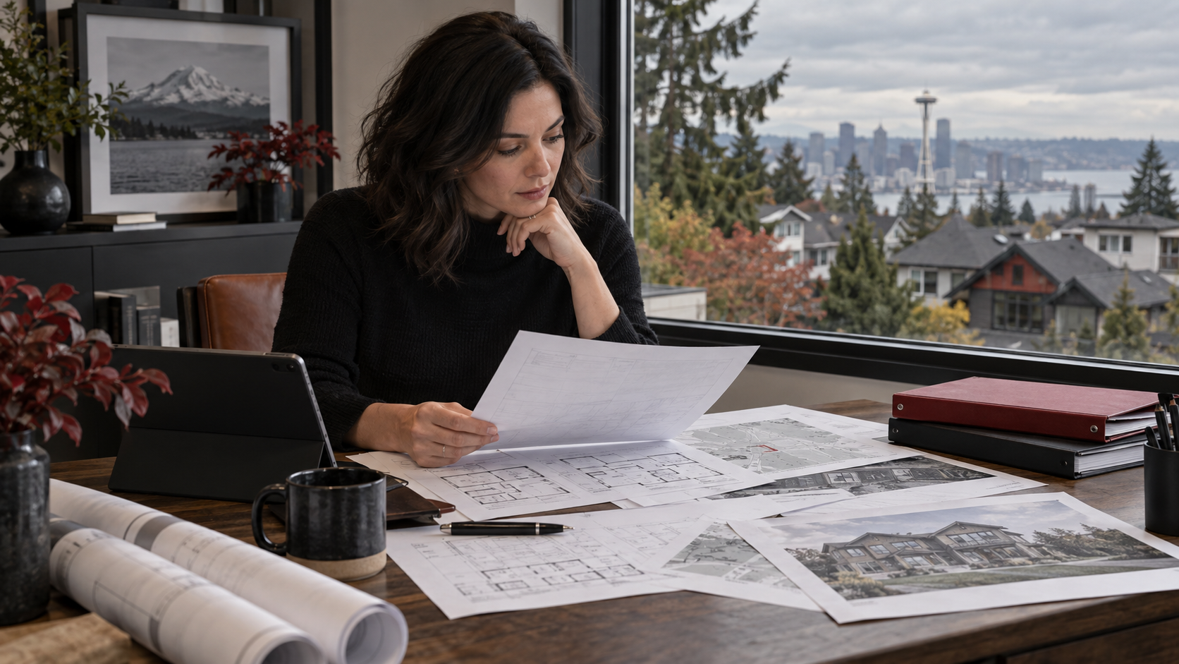 Homeowner reviewing Seattle permit history and property plans before selling a home with unpermitted work