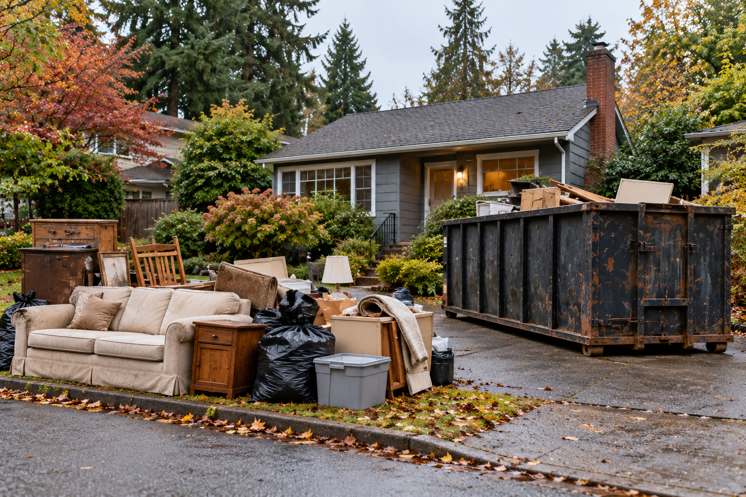 A dumpster and old furniture at the curb outside a house