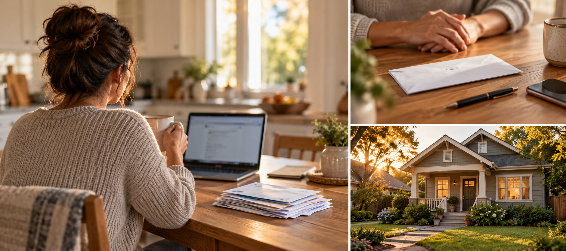 A kitchen table with a pile of mail, an envelope and pen, and a house at sunset