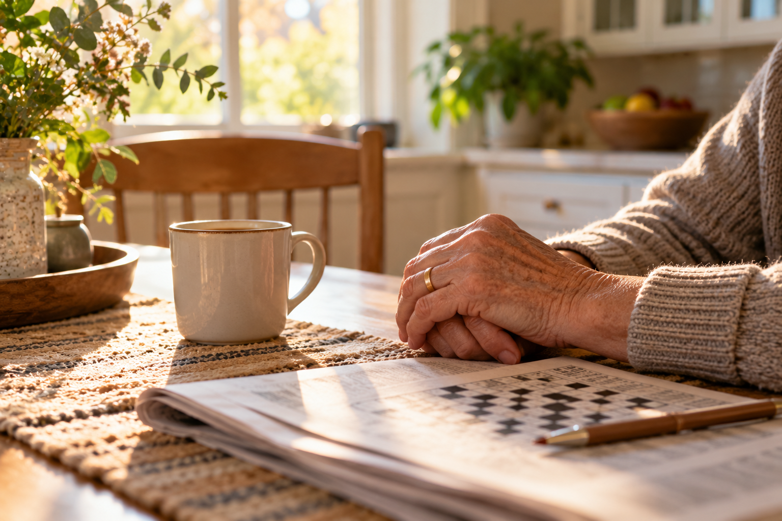 An older person's hands resting by a coffee mug and a crossword puzzle