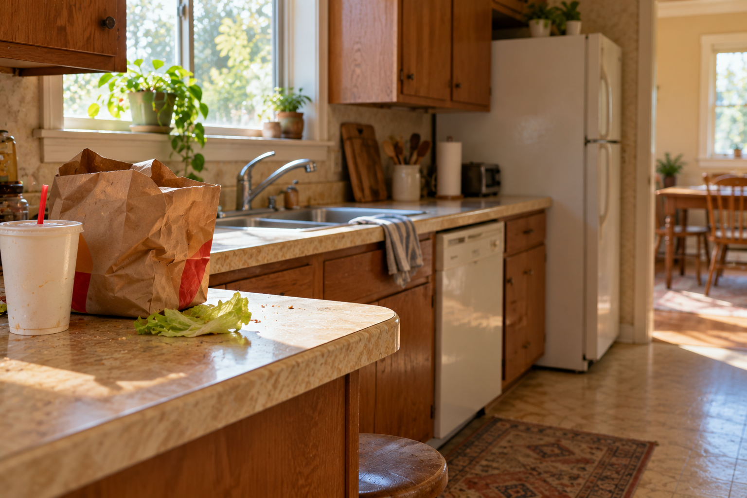 A rental kitchen with a fast-food bag and a leaf of lettuce left on the counter