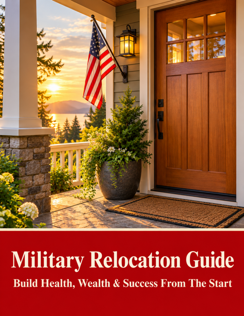 Cover of the Military Relocation Guide: a craftsman front porch at sunset with an American flag