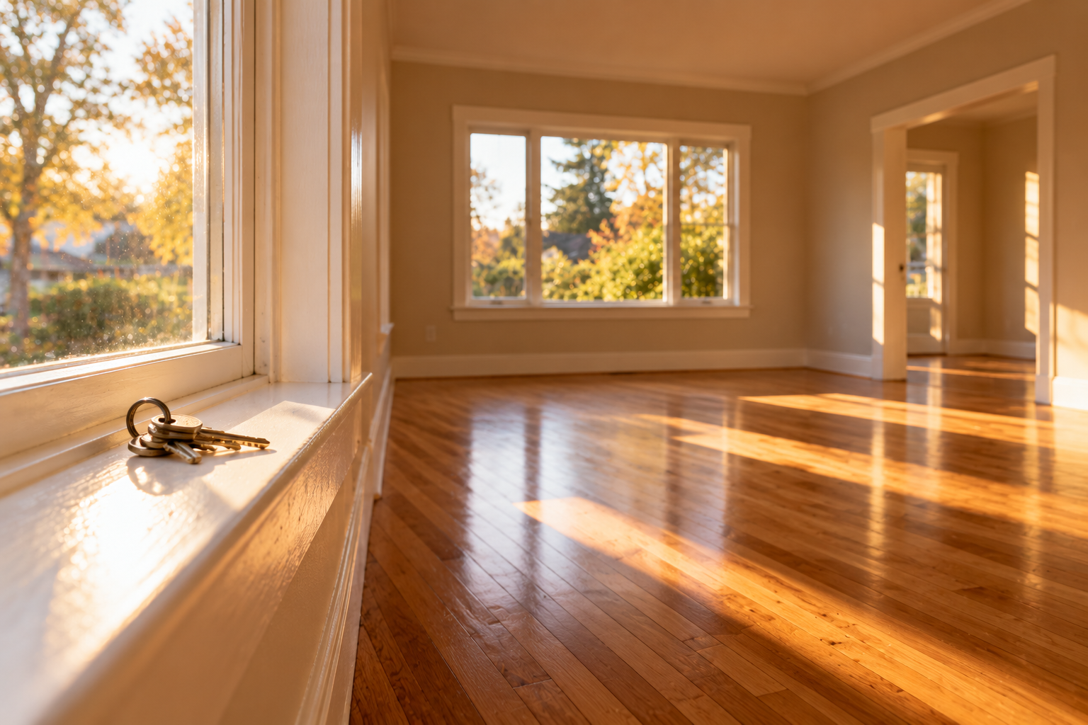 An empty, sunlit room with hardwood floors and a set of keys on the windowsill