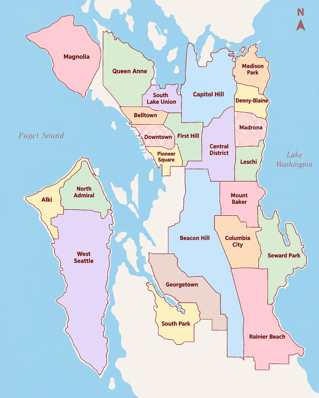 Map of Central and South Seattle neighborhoods from Magnolia and Queen Anne to West Seattle, Beacon Hill and Rainier Beach, each outlined and labeled