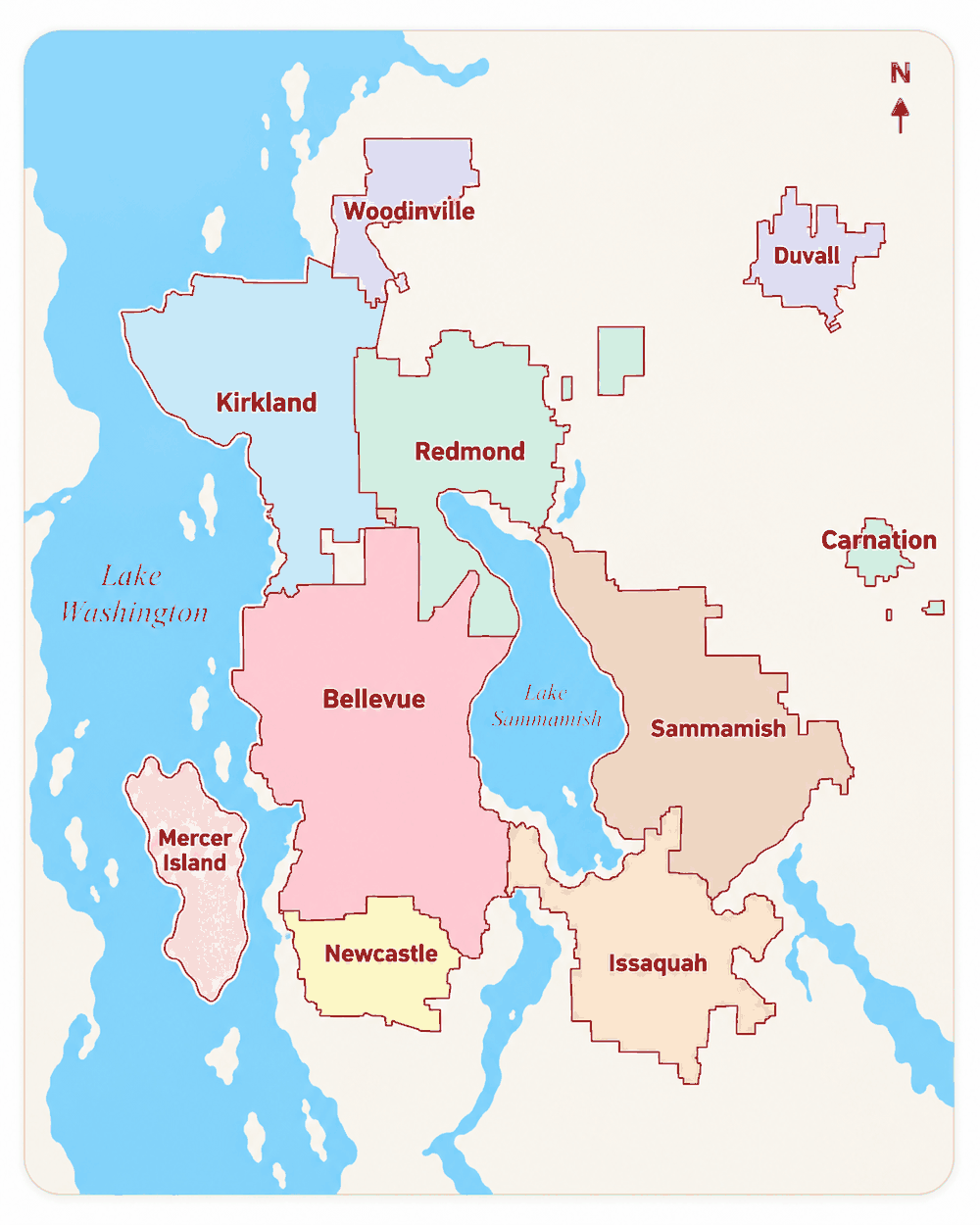 Map of the Eastside cities east of Lake Washington, from Woodinville and Duvall down to Issaquah, each outlined and labeled
