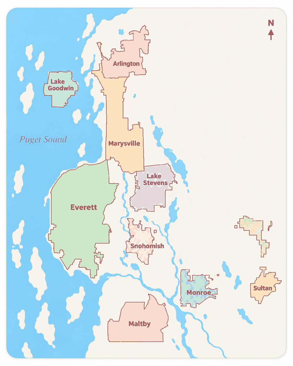 Map of Everett and the cities of north Snohomish County, from Arlington and Marysville to Monroe and Maltby, each outlined and labeled