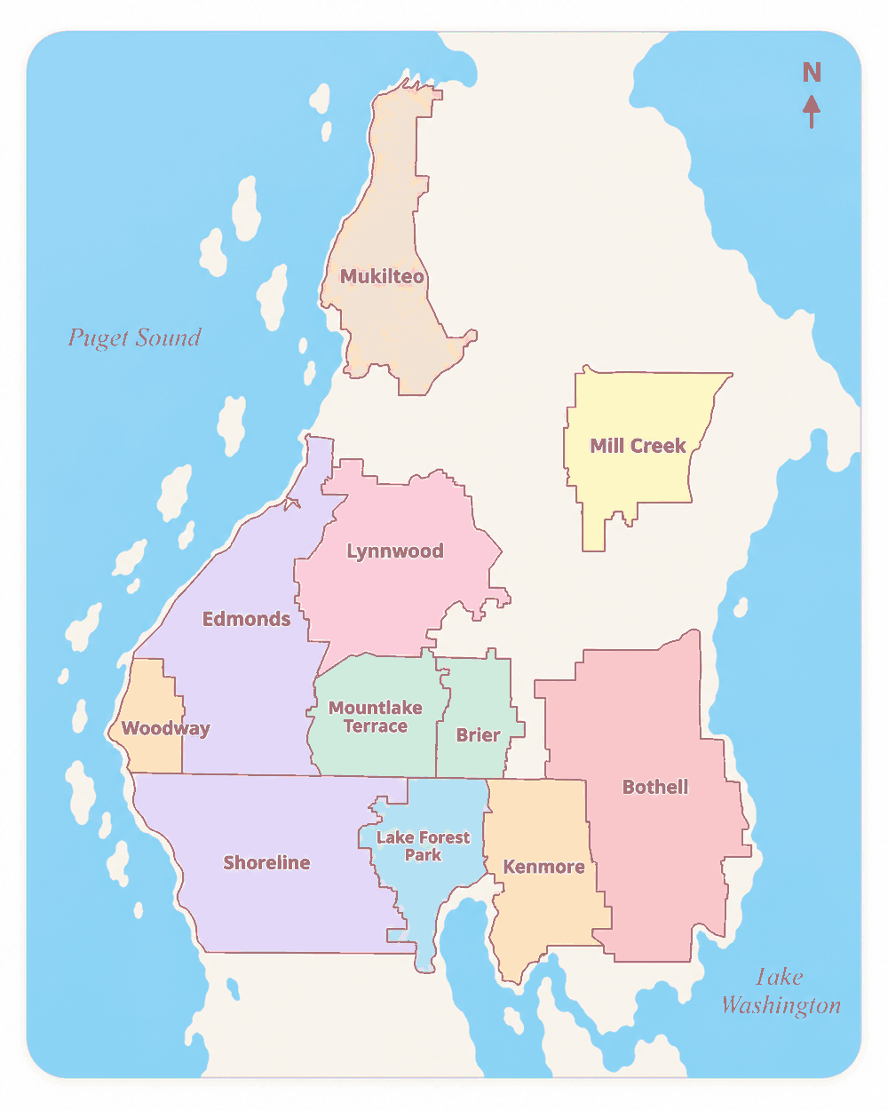 Map of the Seattle North End suburbs from Shoreline up to Mukilteo, with each city outlined and labeled