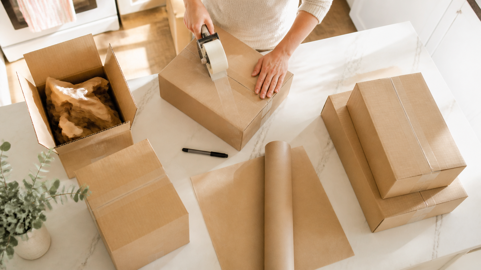 Moving boxes being packed and taped on a kitchen counter