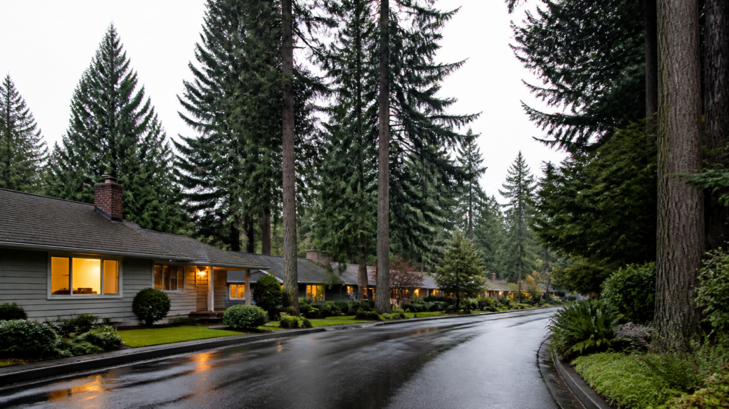 Rainy Pacific Northwest street with fir trees and porch lights