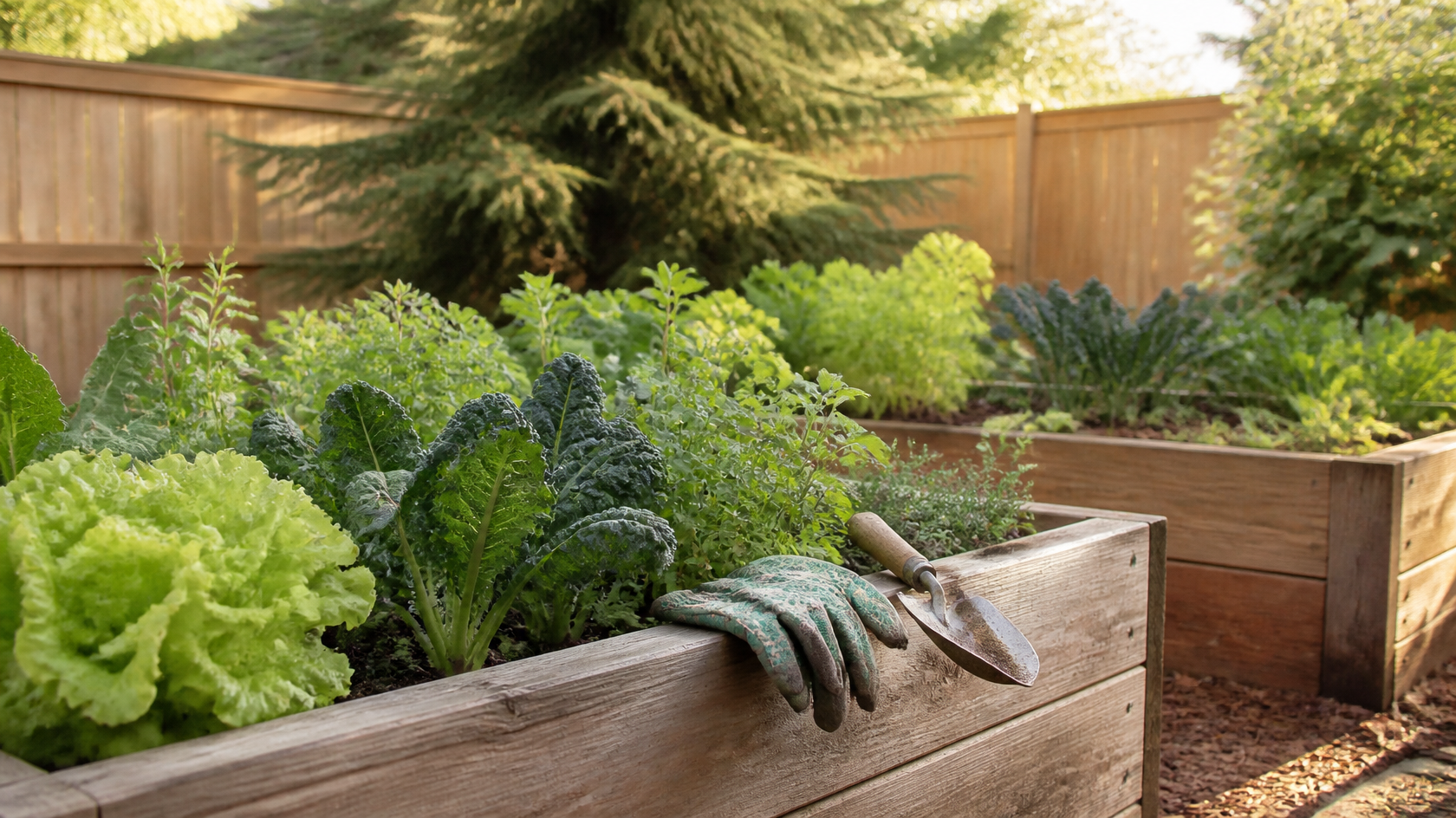 Raised vegetable garden beds beside a cedar fence