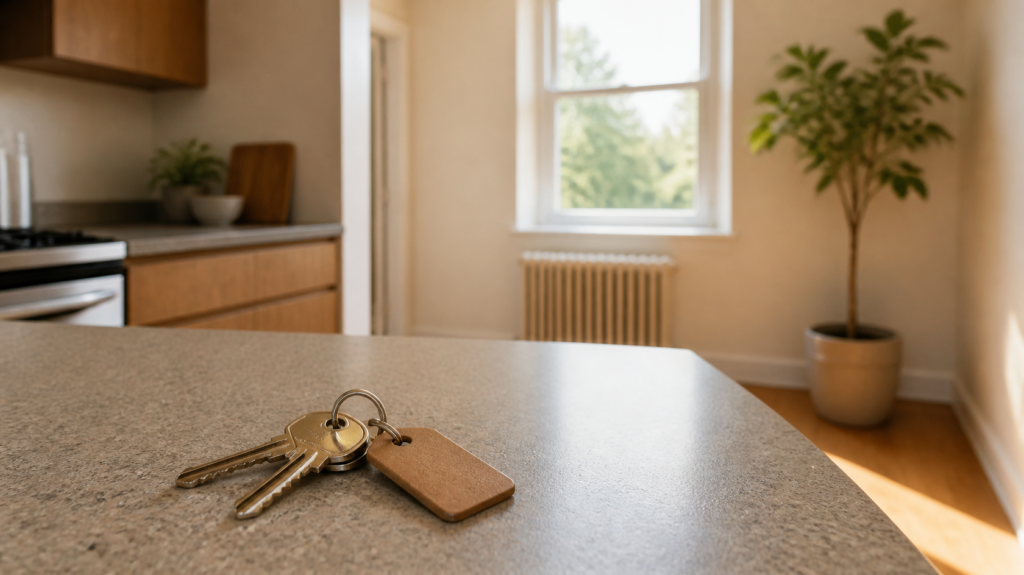 Rental keys on a counter in a bright apartment