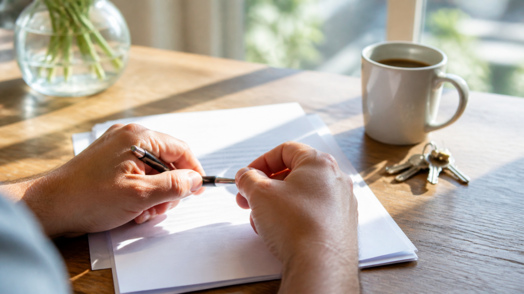 Pen, paperwork, keys and coffee on a table