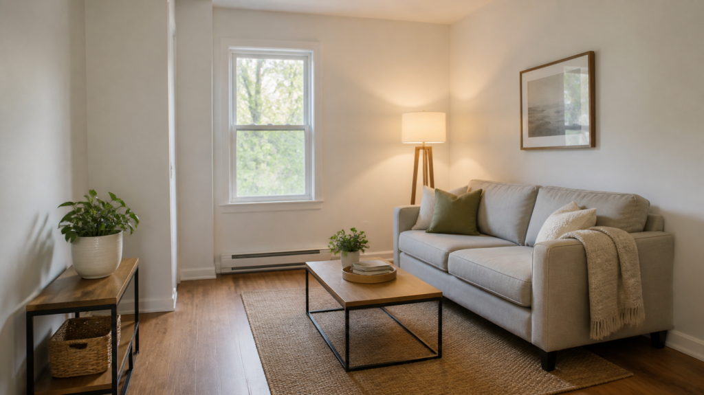 Small bright rental living room with a sofa