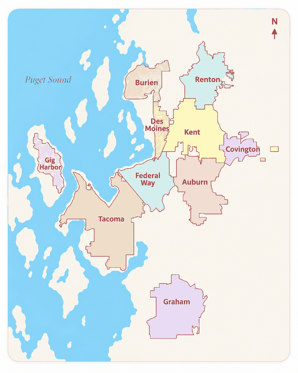 Map of the cities south of Seattle in King and Pierce Counties, from Burien and Renton down to Tacoma and Graham, each outlined and labeled
