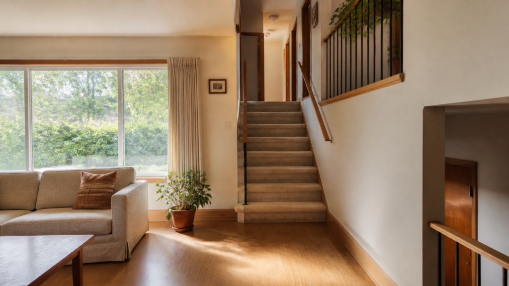 Interior of a split-level home with a staircase and living room