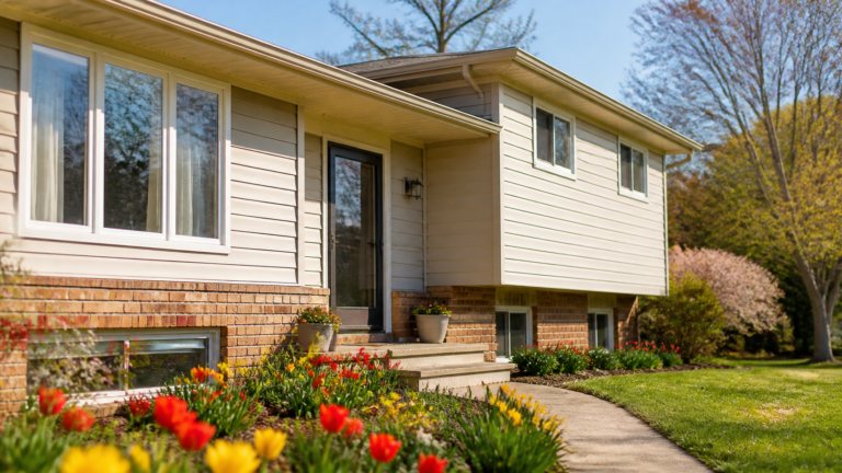 Walkway to a split-level home with spring tulips in a Seattle-area neighborhood