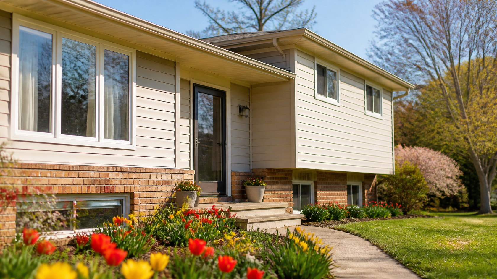 A split-level home with spring tulips and daffodils along the walkway