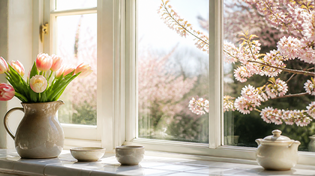 Spring window with cherry blossoms and tulips