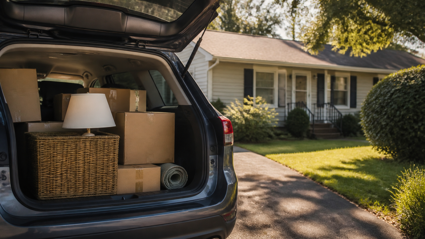 An SUV trunk loaded with moving boxes in front of a house