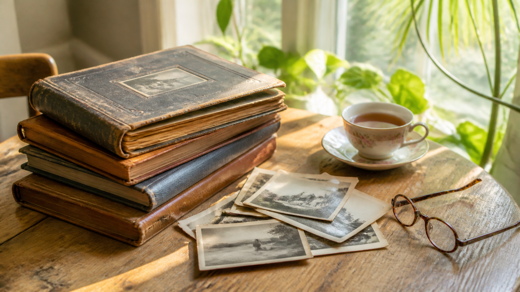 Old photo albums, reading glasses and a cup of tea on a wooden table