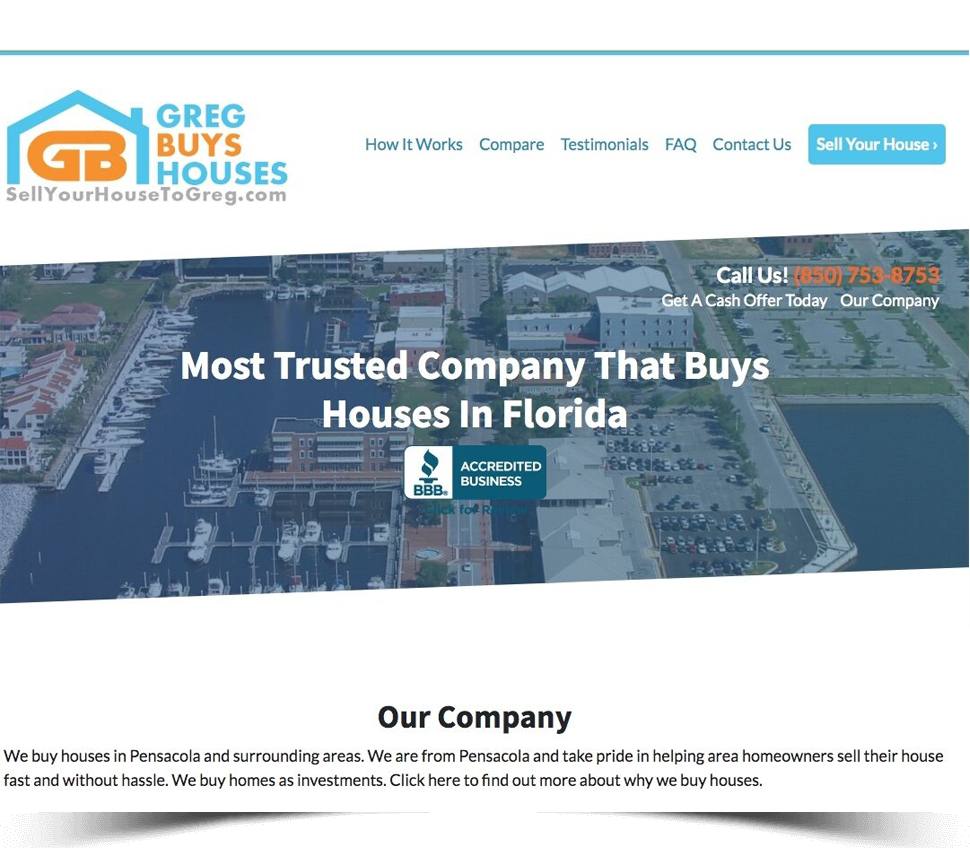 Screenshot of the 'Our Company' web page for Greg Buys Houses