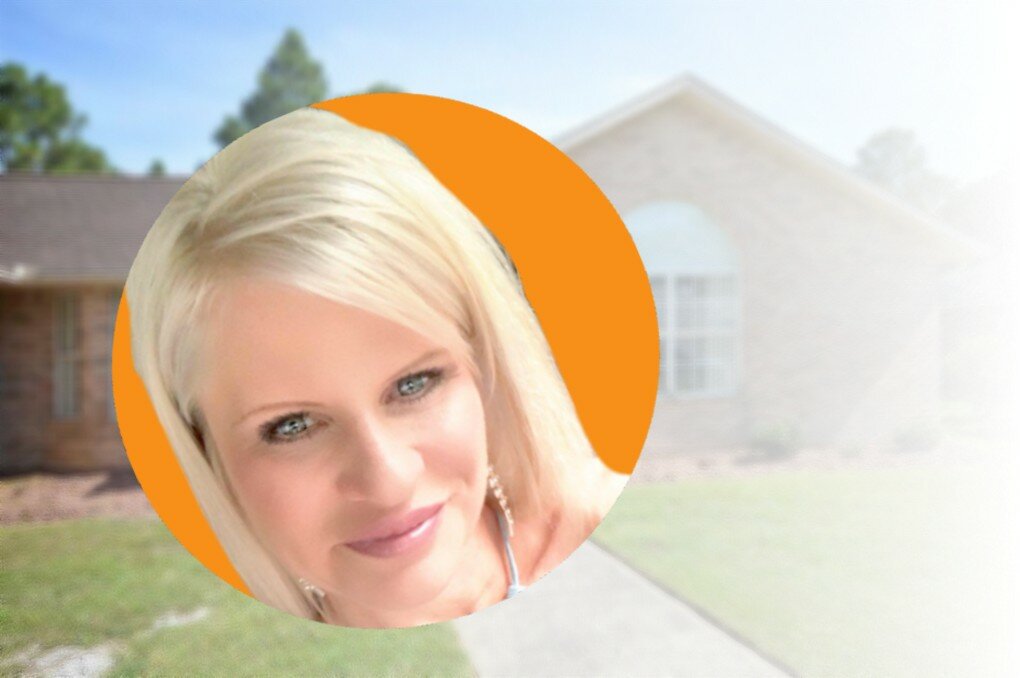 Photograph of a woman's profile picture with a single family home in the background