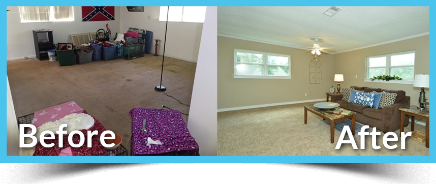 Side by side photographs of a room before and after it has been repaired and staged