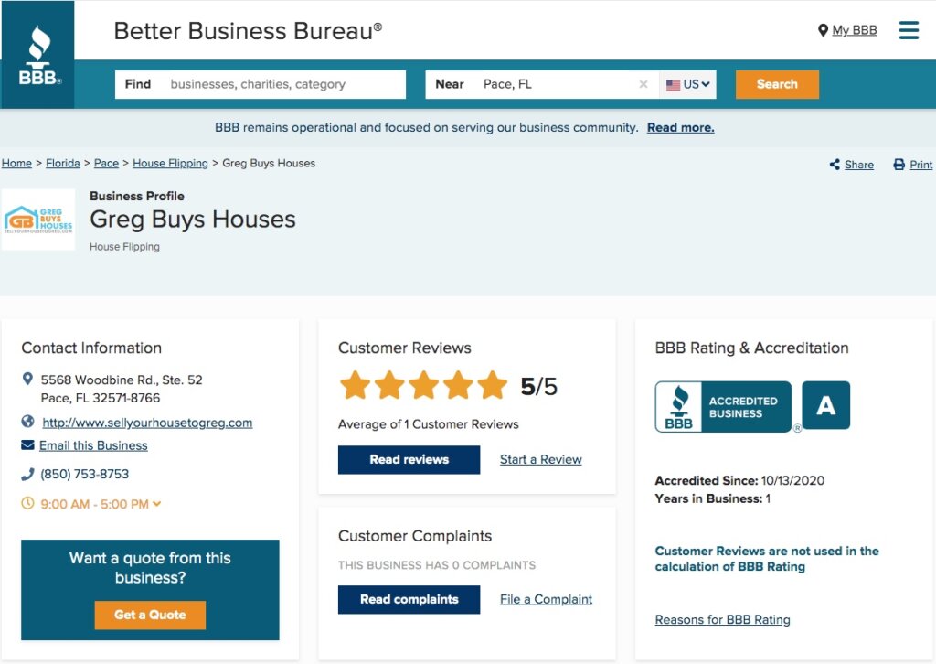 Screenshot of a Better Business Bureau page for Greg Buys Houses showing no complaints and a 5-star rating