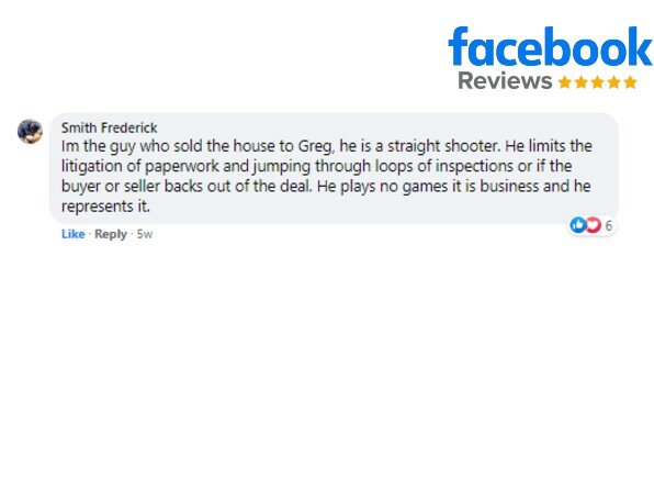 Screenshot of a 5-Star Facebook Review of Greg Buys Houses from Fred Smith.